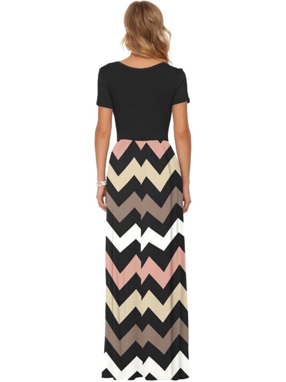 Women's Classic Short Sleeve Loose Striped Black Casual Long Maxi Dresses - Picture 4 of 5